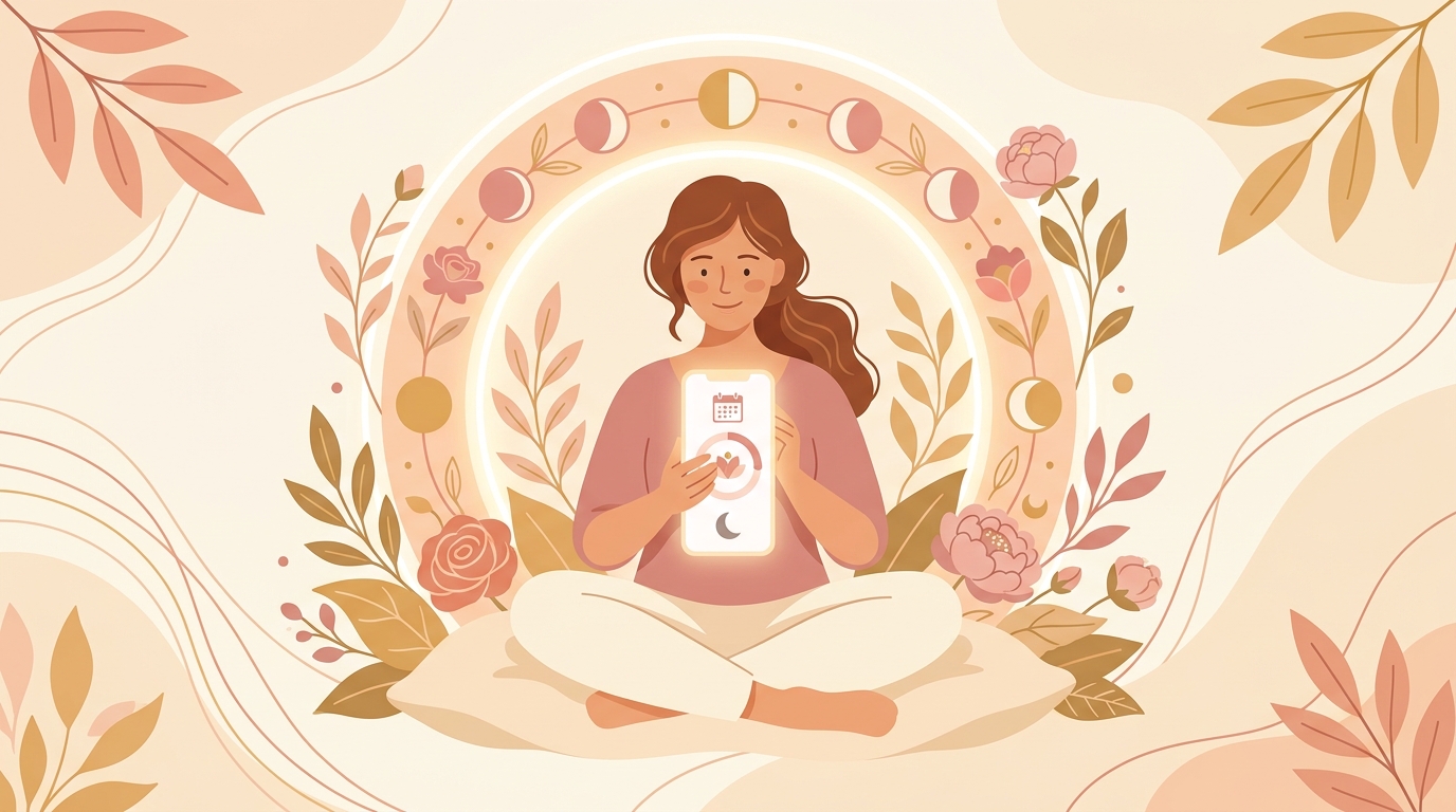 Detailed description of a clean, minimalist visual illustration showing the different stages of cervical mucus and fertility tracking on a secure, private mobile app