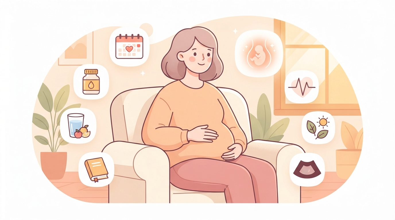 Abstract illustration depicting the essential first trimester checklist (offline) and visual health concepts