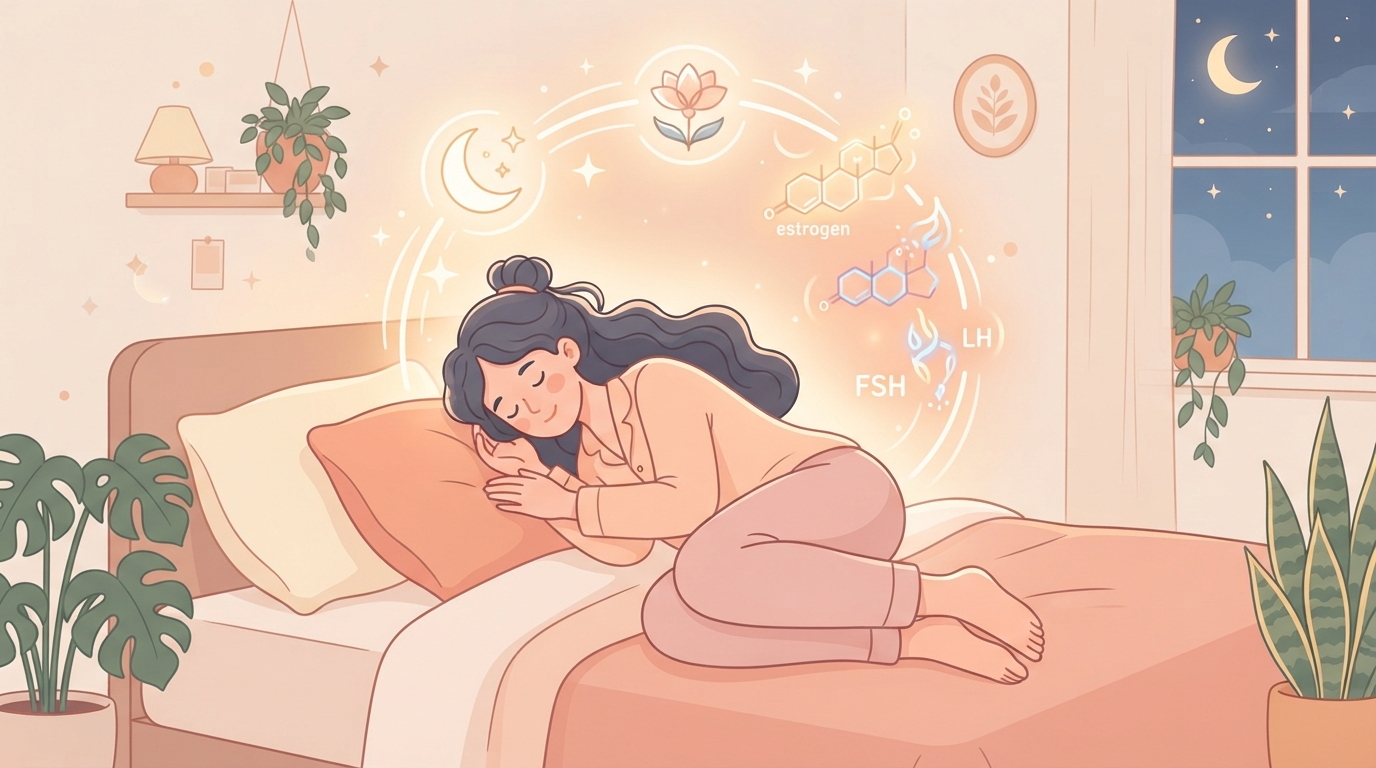 Ilustración que muestra la conexión entre el sueño, las hormonas y la salud menstrual