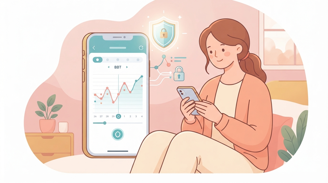 Description détaillée d'une illustration professionnelle, sans texte et apaisante représentant une utilisatrice suivant sa température corporelle basale sur une application mobile sécurisée et privée, mettant l'accent sur la confidentialité des données et la sécurité numérique.
