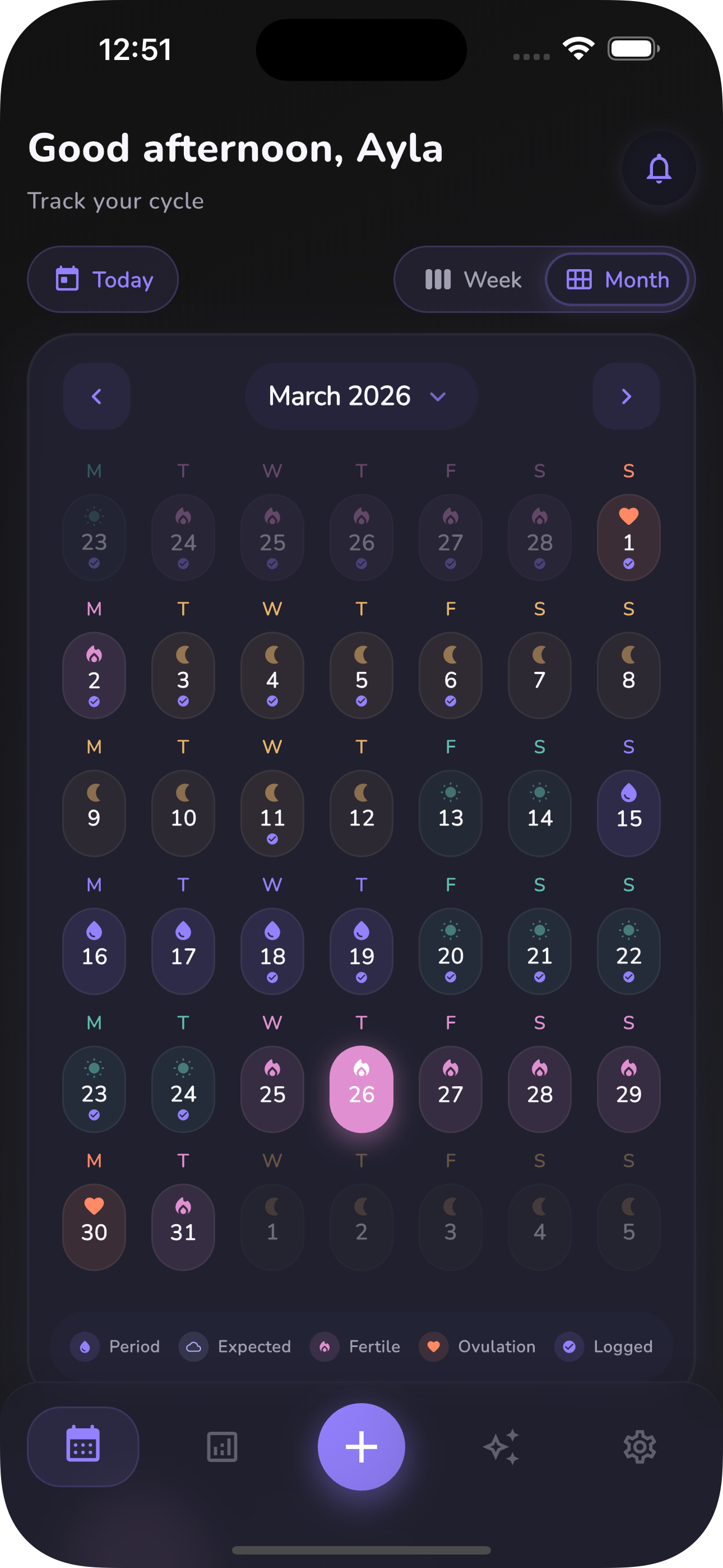 Vista mensual en modo oscuro