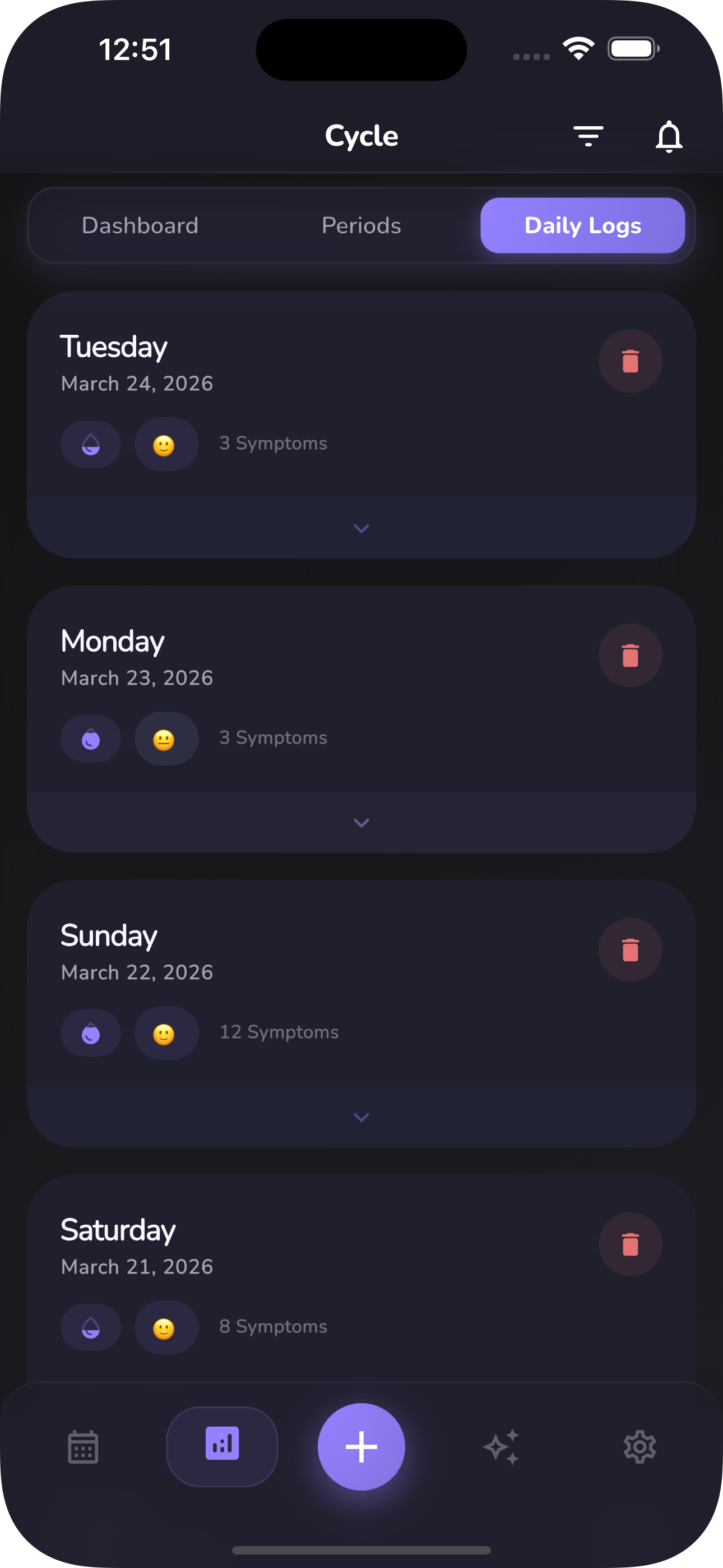 Historial de registros en modo oscuro