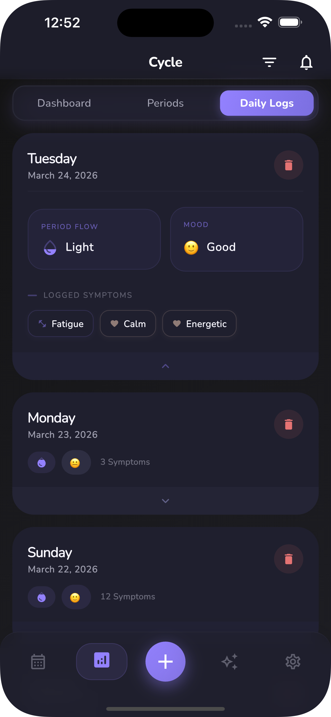 Registro diario en modo oscuro